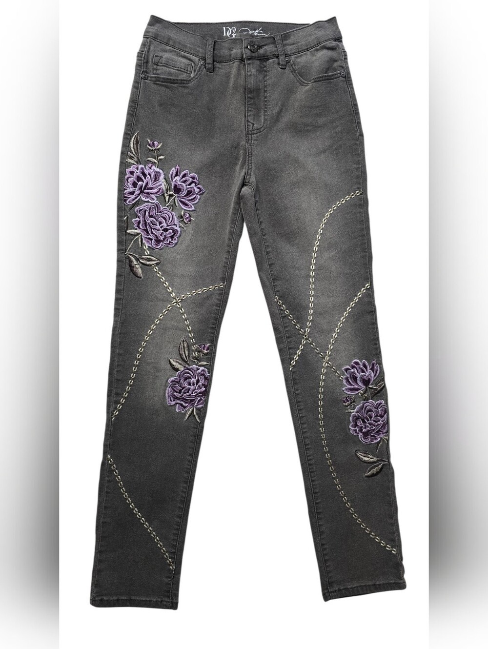 DG2 by Diane Gilman Charcoal Skinny Jeans with Purple Floral Embroidery